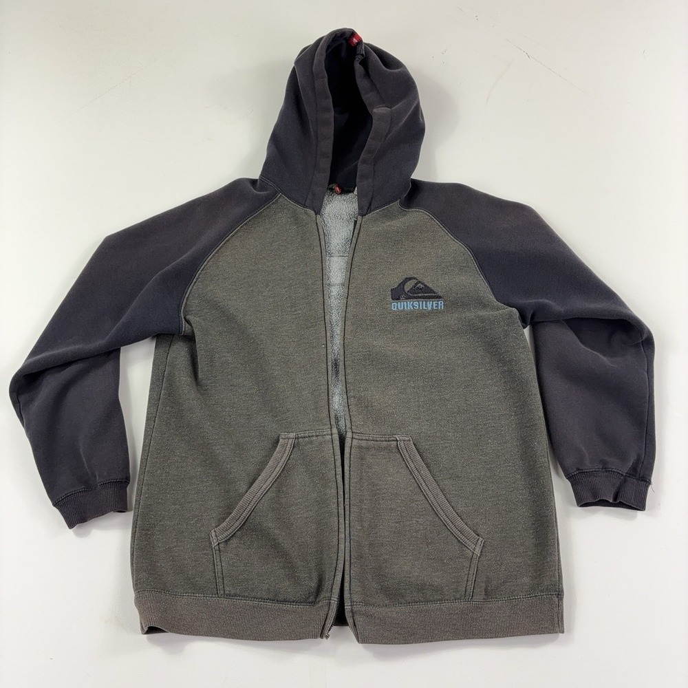 Vintage Quiksilver Hoodie Boys Large Gray Full Zip Fleece Embroidered Y2K